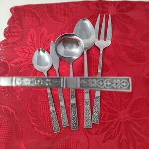 6X Serv VTG Stanley Roberts Black Textured Stainless Flatware Japan Serving Set